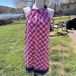 Mud Pie high neck summer dress stretchy women’s size S fuchsia, white & blue